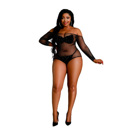 Picture of a Black Female model, wearing a Moonlight Black Off the Shoulder Sparkle Body, Plus Size.
