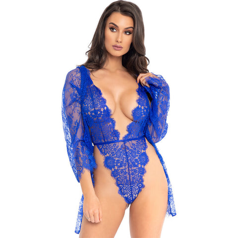 Leg Avenue Floral Lace Teddy and Robe Blue Size: Large