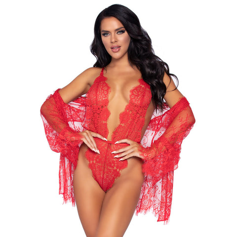 Leg Avenue Floral Lace Teddy and Robe Red Size: Medium