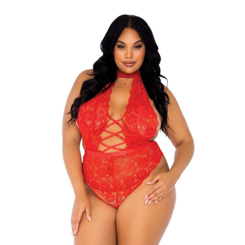 Leg Avenue Floral Lace Crotchless Teddy Red UK 18 to 22 - Scantilyclad.co.uk 