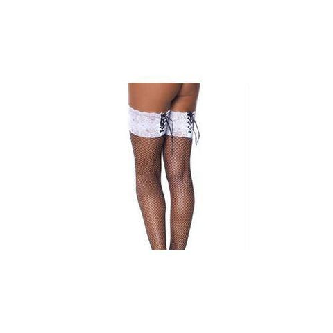 Black Fishnet Hold-Up Tights With Floral Lace Tops - Scantilyclad.co.uk 